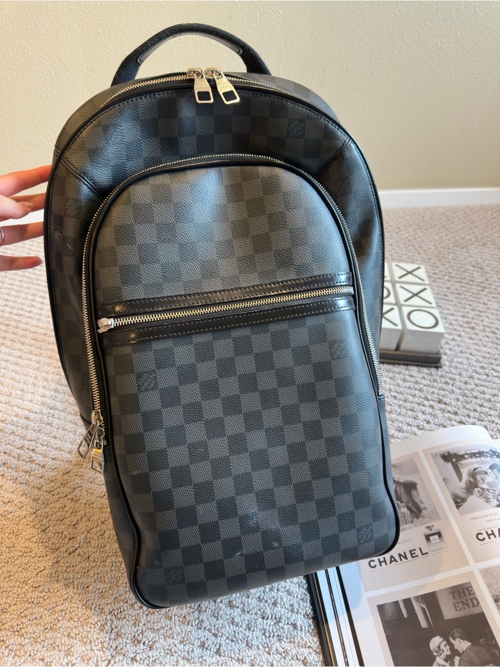 Louis Vuitton Men's Dark Gray Checkered Backpack with Silver Hardware